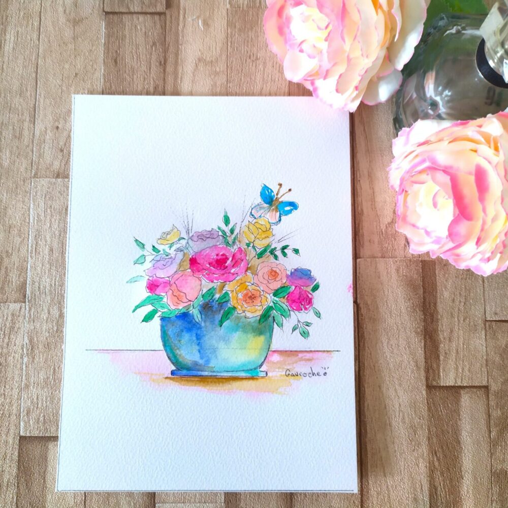 Aquarelle bouquet de fleurs et papillon
