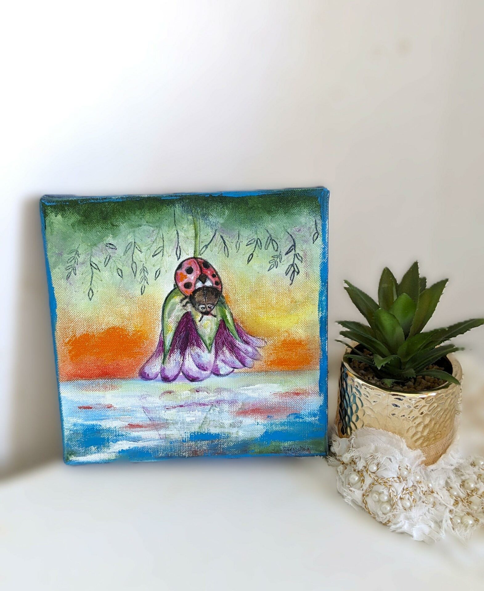 Coccinelle sur l’eau – Tableau original à l’huile – Fait main Corrèze – Image 2