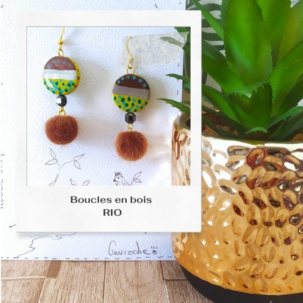 Boucles oreille en bois peintes à la main par boutiquegavroche en corrèze à brive la gaillarde, modèle unique fait main
