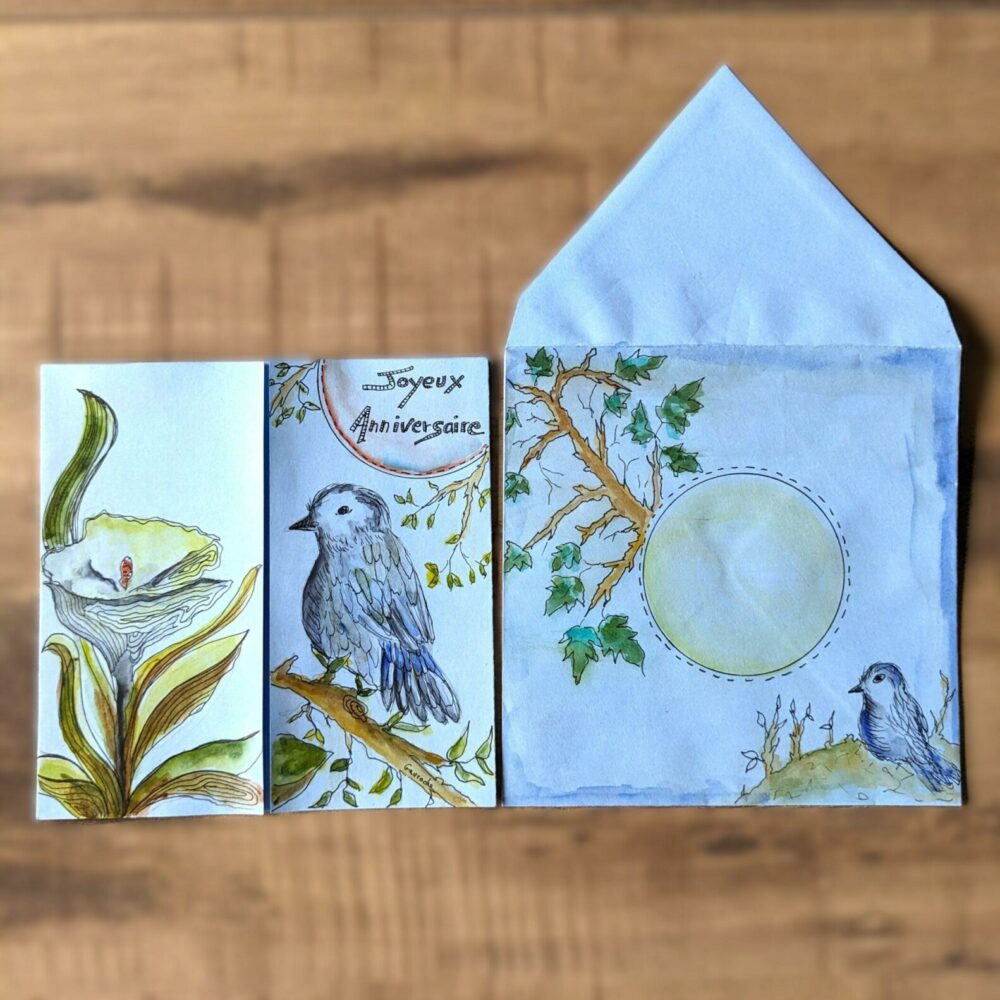 Carte et enveloppe le chant de l'oiseau, JOYEUX ANNIVERSAIRE