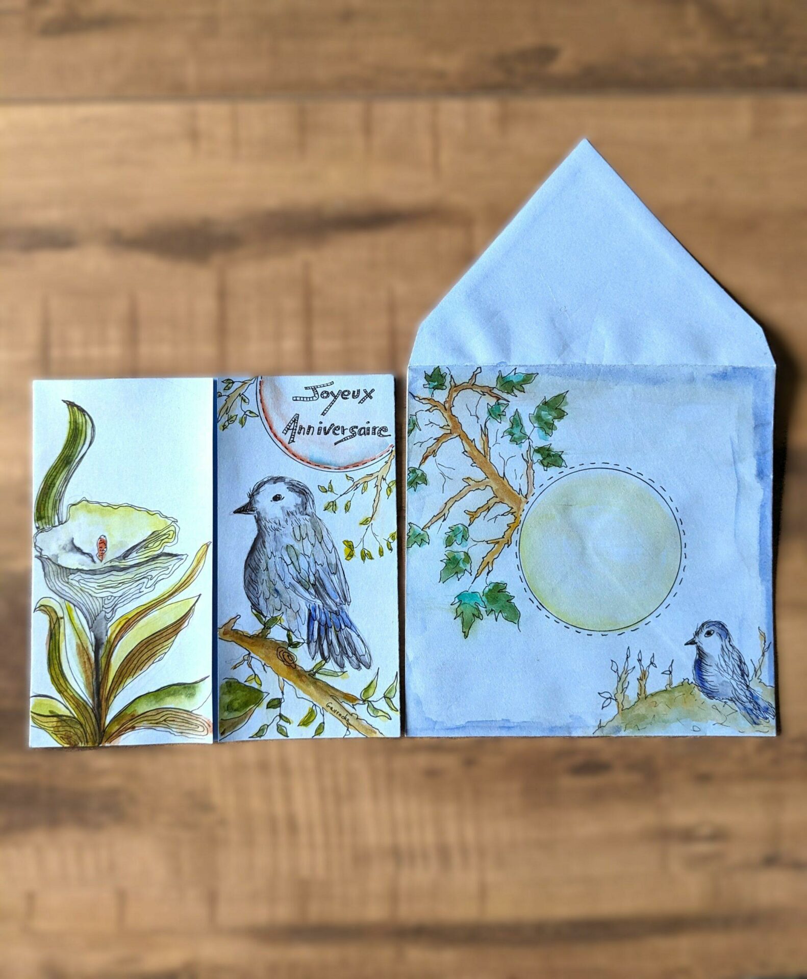 Carte et enveloppe le chant de l'oiseau, JOYEUX ANNIVERSAIRE