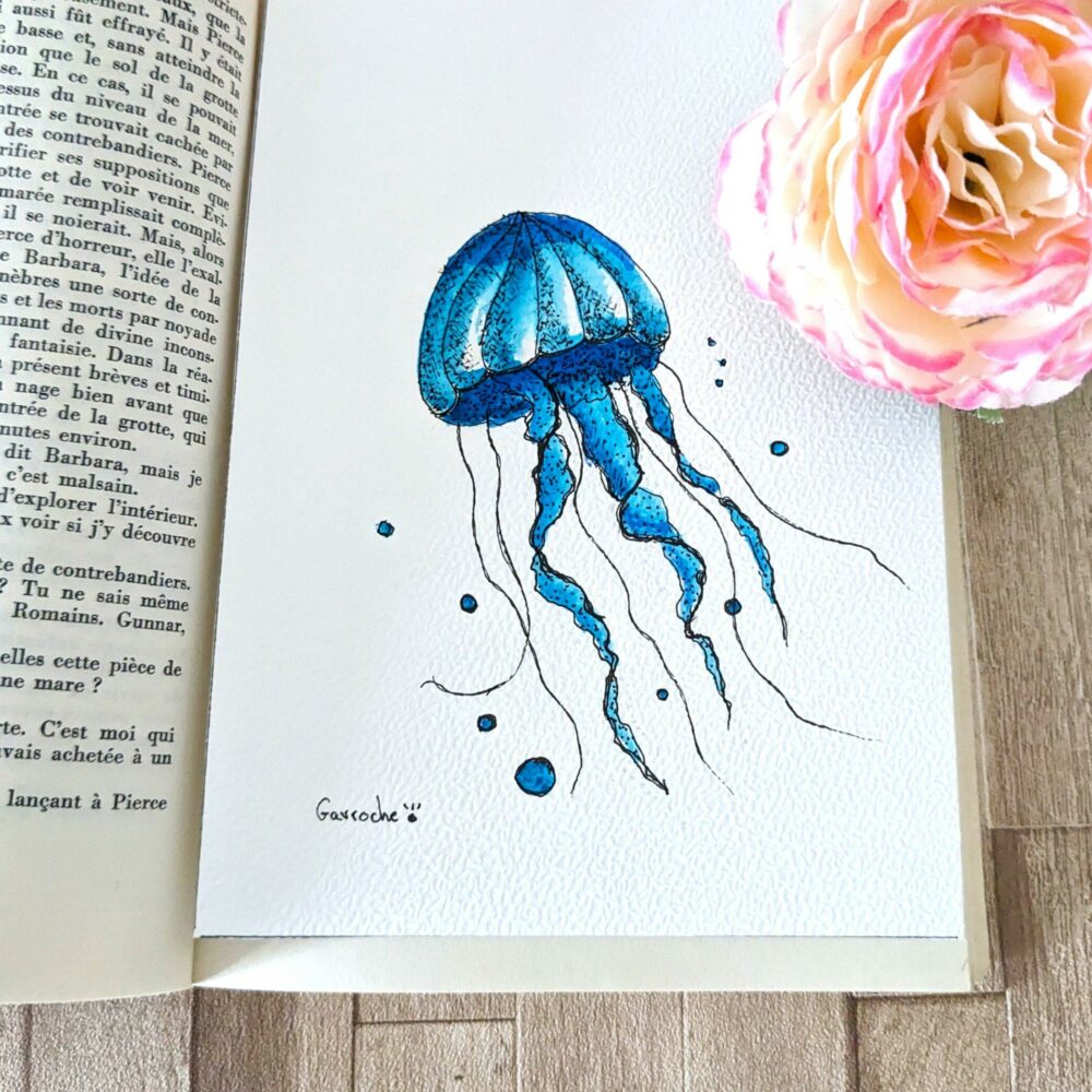 Aquarelle marine Pieuvre belle méduse