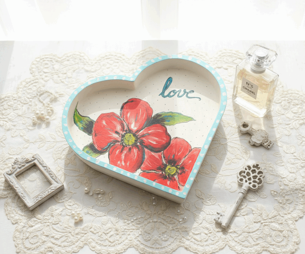 Plateau coeur , vide-poche en bois Les Coquelicots (frais de port offert)