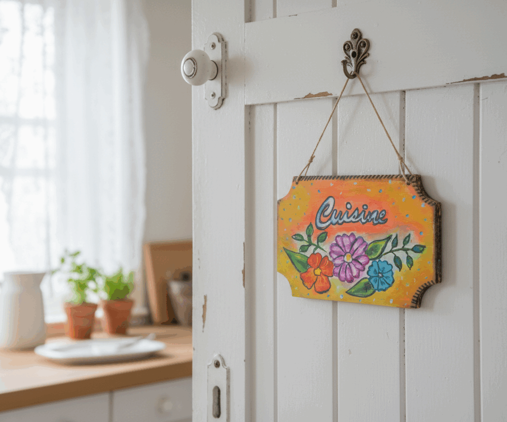 Pancarte de porte "Il fait bon vivre dans ma cuisine"