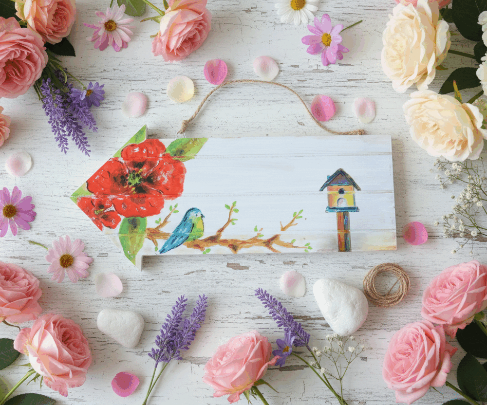Pancarte en bois personnalisable: Les coquelicots et la mésange bleue