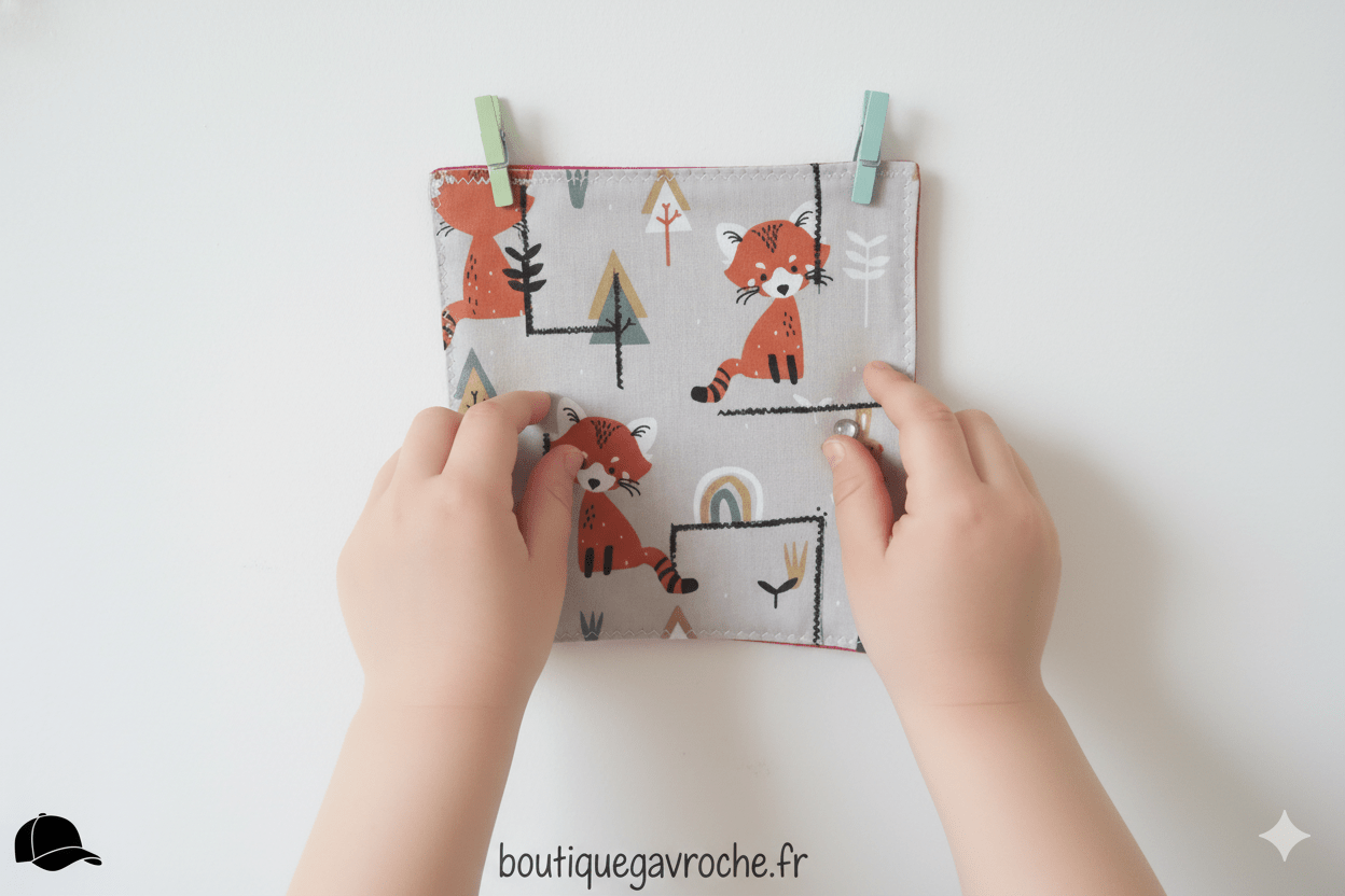 Labyrinthe à bille Montessori motif renard en tissu jaune et gris fait main à Brive Boutique Gavroche Label Origine Corrèze.