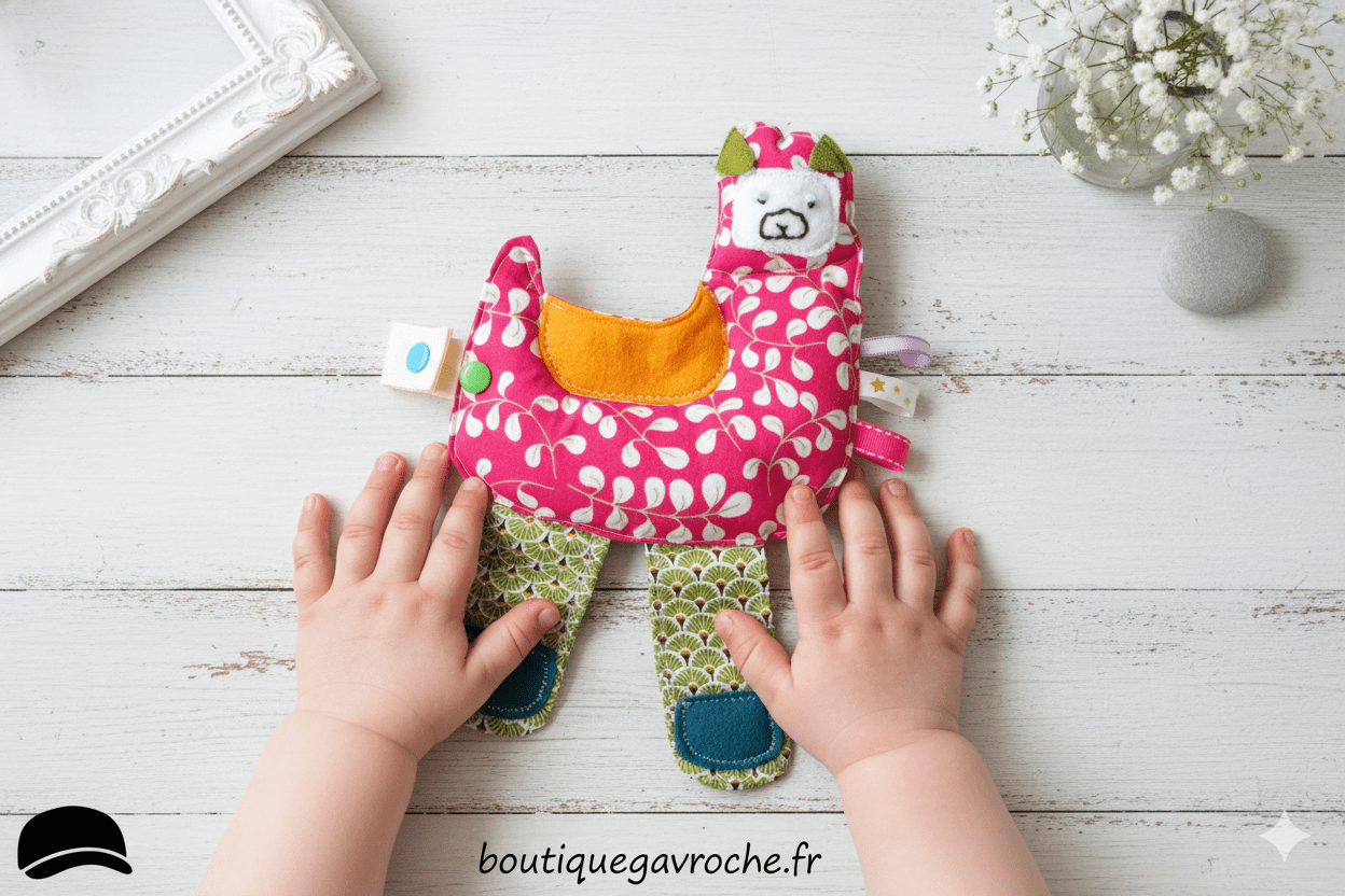 Doudou Lama, prénom Personnalisé avec Attache Tétine et Carré Douceur (frais de port offert)