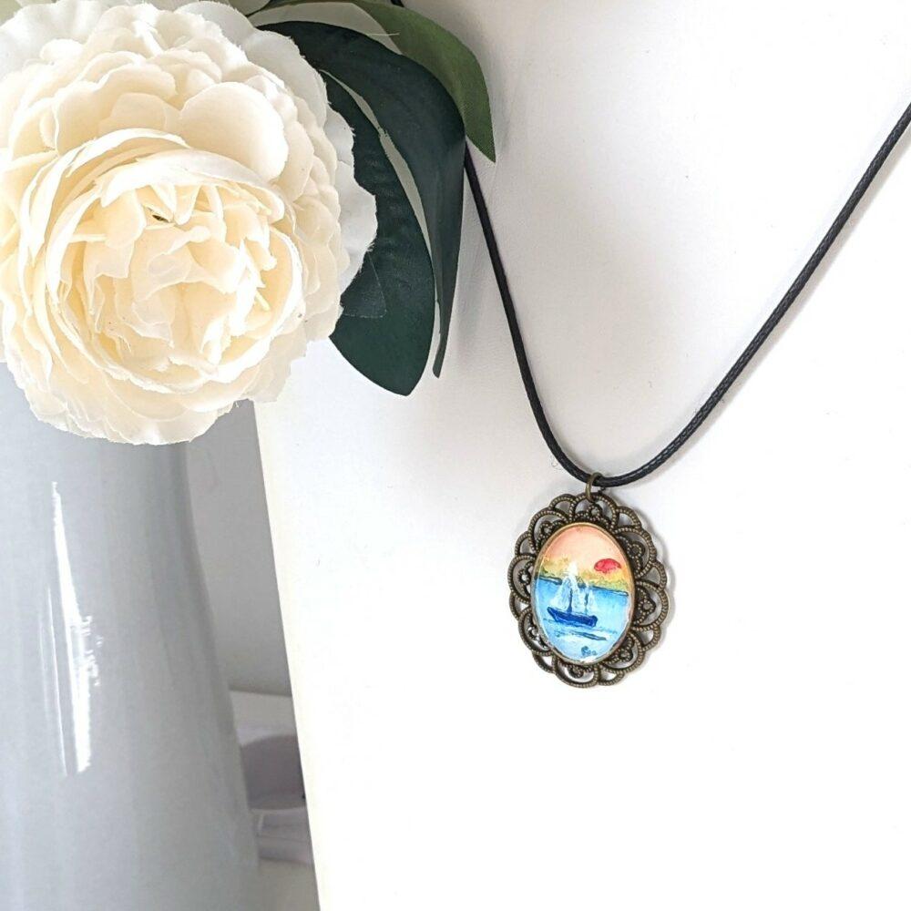 collier paysage marine peint à la main, cadeau anniversire de mariage Noces Noel fête femme