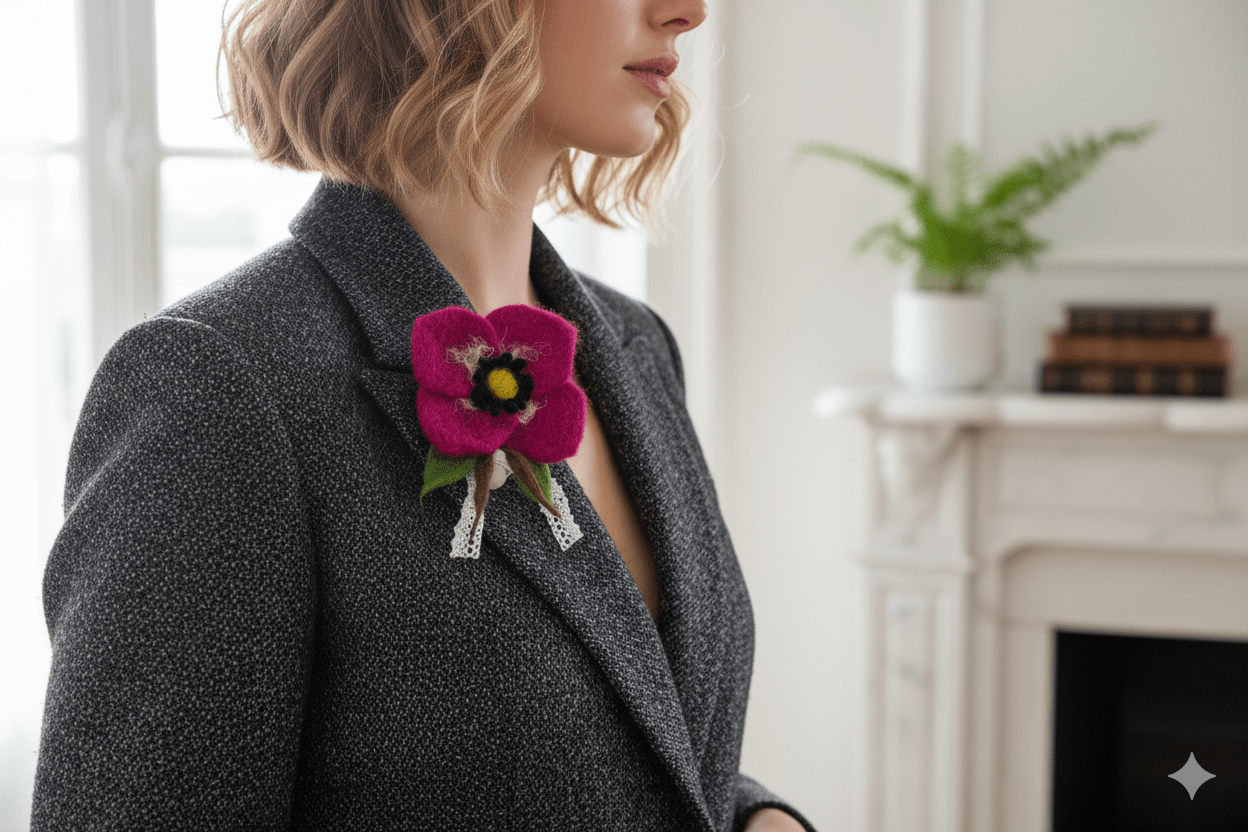 Broche fleur feutrée ornée de dentelle fine – Image 2