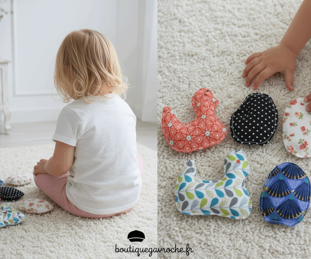 Poules et œufs sensoriels Montessori en tissu fait main à Brive Boutique Gavroche Label Origine Corrèze éveil bébé.