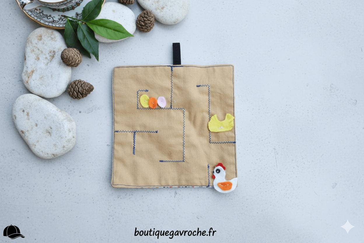 Labyrinthe à bille Montessori poule et oeufs en tissu jaune et rouge fait main à Brive Boutique Gavroche Label Origine Corrèze.