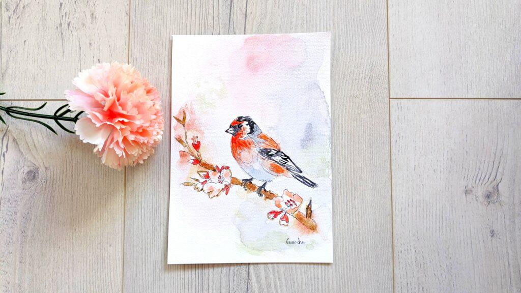 Aquarelle originale du bouvreuil (Pyrrhula pyrrhula), peinte à la main, format 21 x 14,5 cm. Idéale pour les amateurs de déco nature ou à offrir en cadeau.