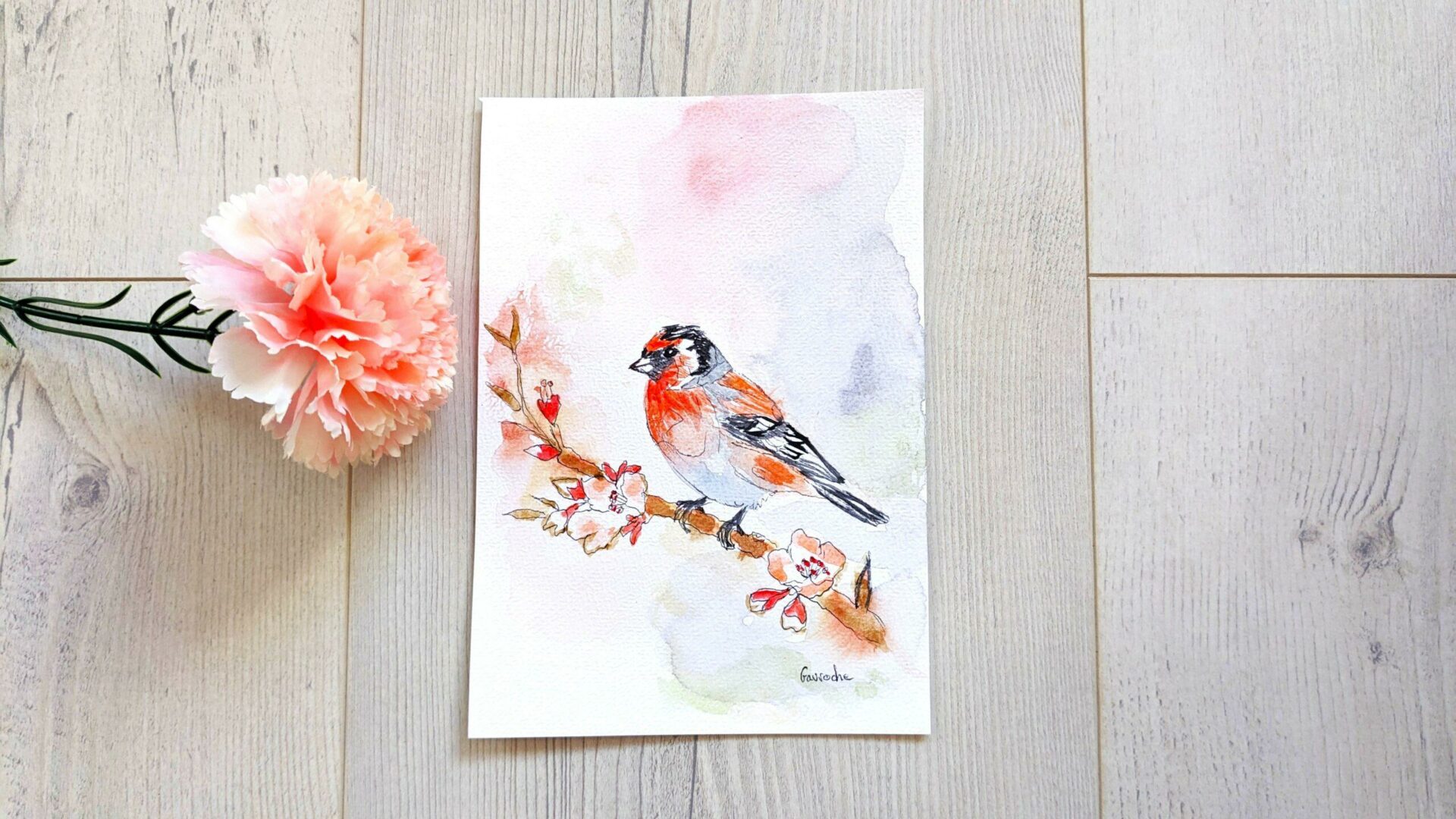 Aquarelle originale du bouvreuil (Pyrrhula pyrrhula), peinte à la main, format 21 x 14,5 cm. Idéale pour les amateurs de déco nature ou à offrir en cadeau.