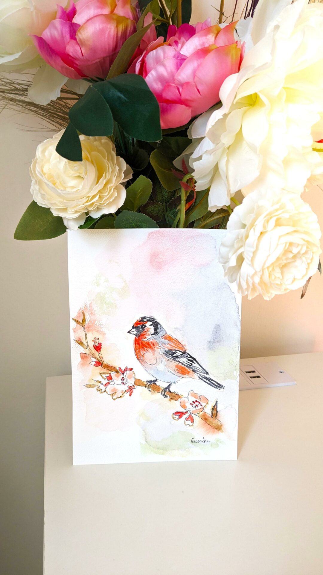 Aquarelle originale Bouvreuil pivoine (Offre 2FOR3) Commande personnalisée – Image 3