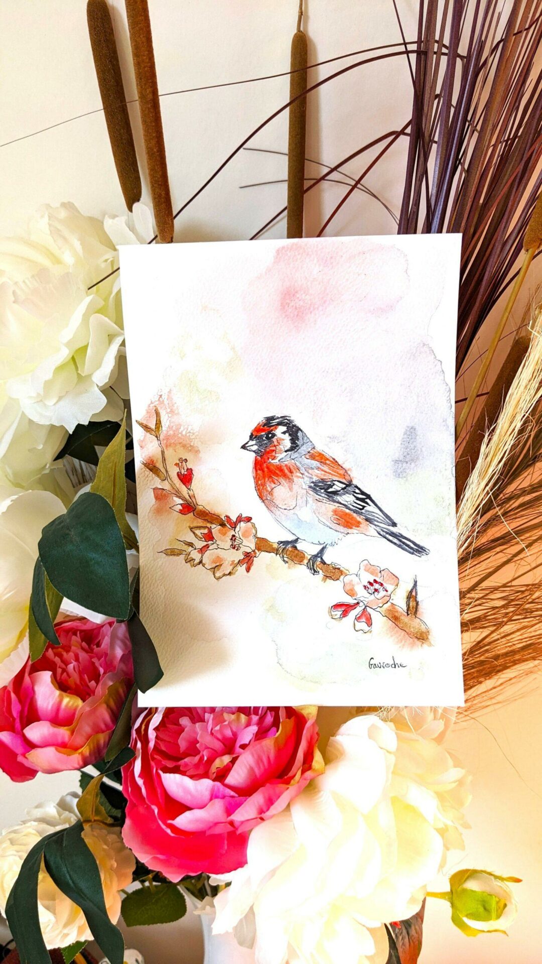 Aquarelle originale Bouvreuil pivoine (Offre 2FOR3) Commande personnalisée – Image 4