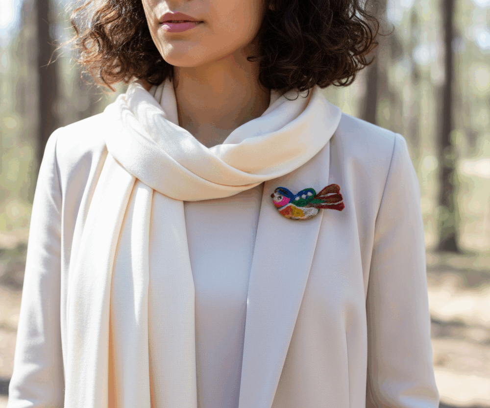 Broche oiseau multicolore en laine feutrée