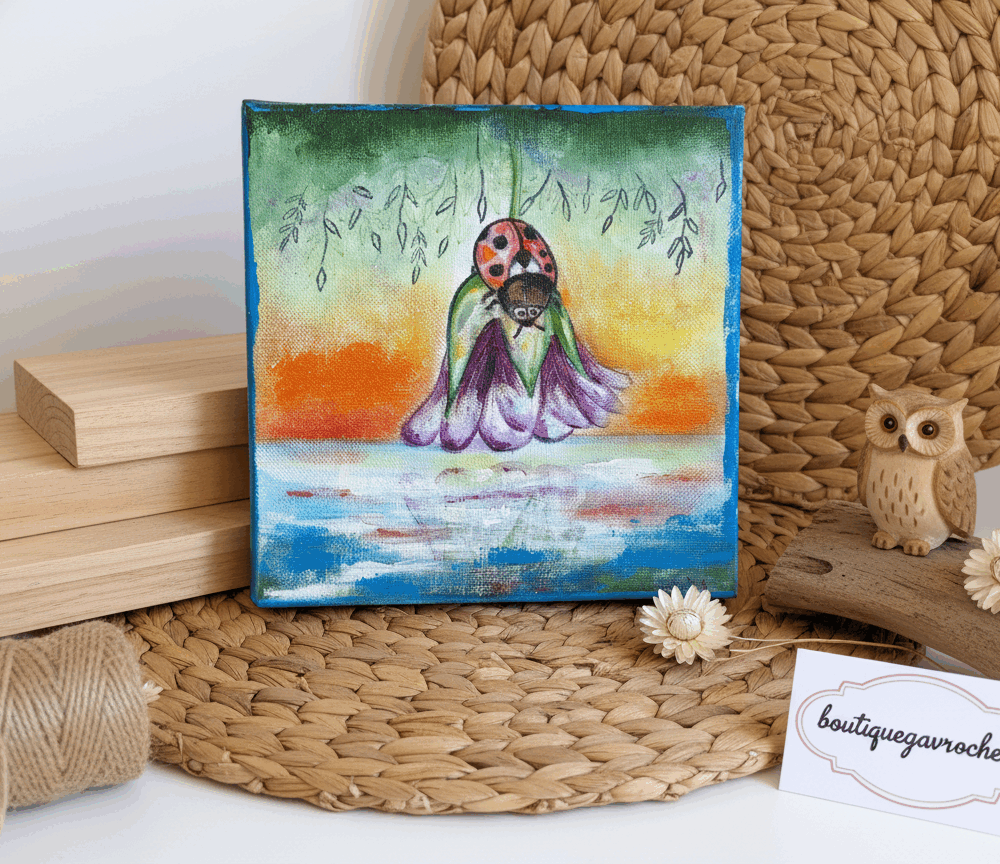 Coccinelle sur l’eau – Tableau original à l’huile – Fait main Corrèze