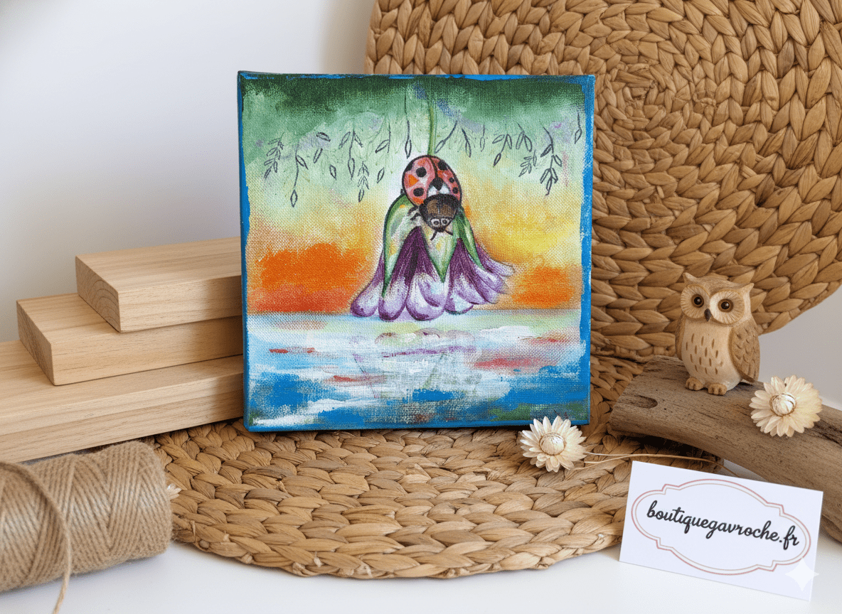 Coccinelle sur l’eau – Tableau original à l’huile – Fait main Corrèze