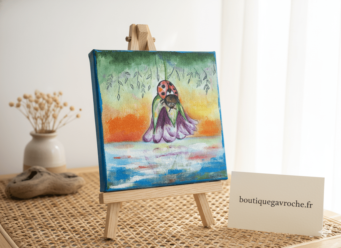 Coccinelle sur l’eau – Tableau original à l’huile – Fait main Corrèze – Image 3