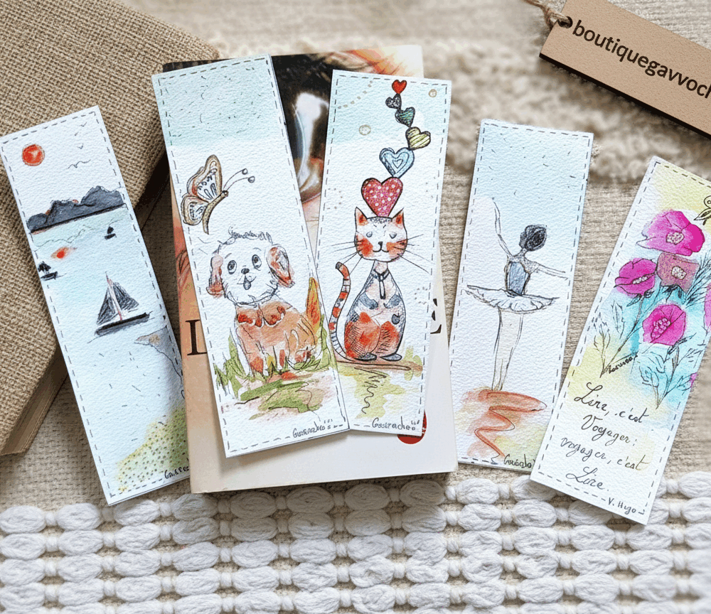 Lot de 5 petits Marque-pages aquarelle