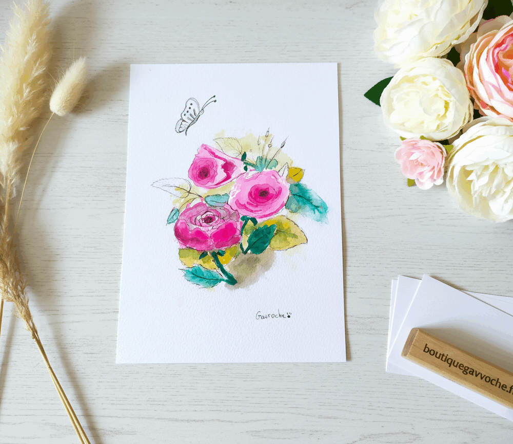 Aquarelle Papillon et Bouquet de Roses Lumineuses