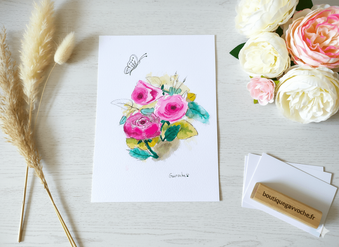 Aquarelle Papillon et Bouquet de Roses Lumineuses