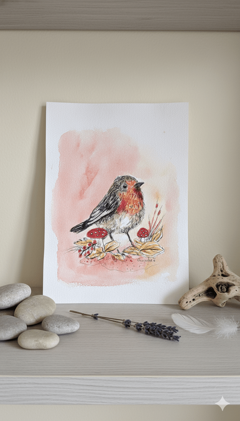 Aquarelle originale Rouge-Gorge (Erithacus rubecula) (Offre 2FOR3) – Image 3