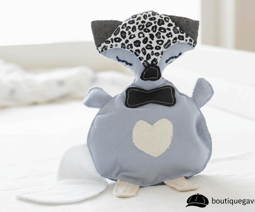 Doudou plat sensoriel: Renard "black and white" (frais de port offert)  Cadeau Naissance Personnalisé | Fait Main Corrèze