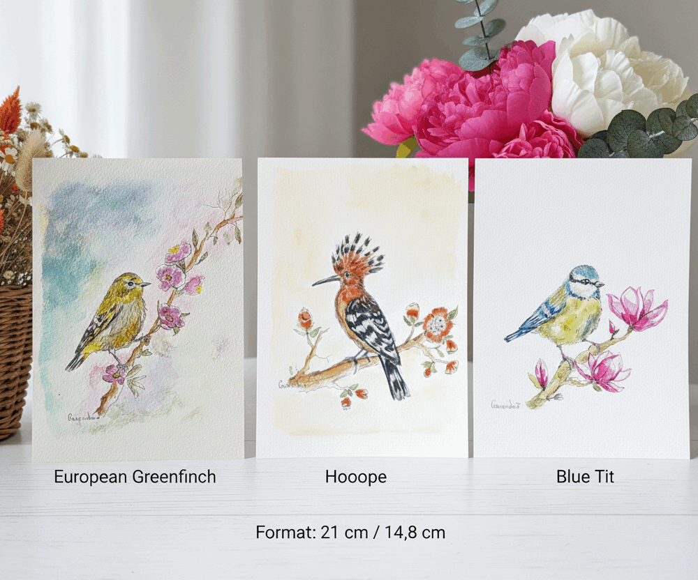 Trio d’Aquarelles Originales « Oiseaux de Printemps »
