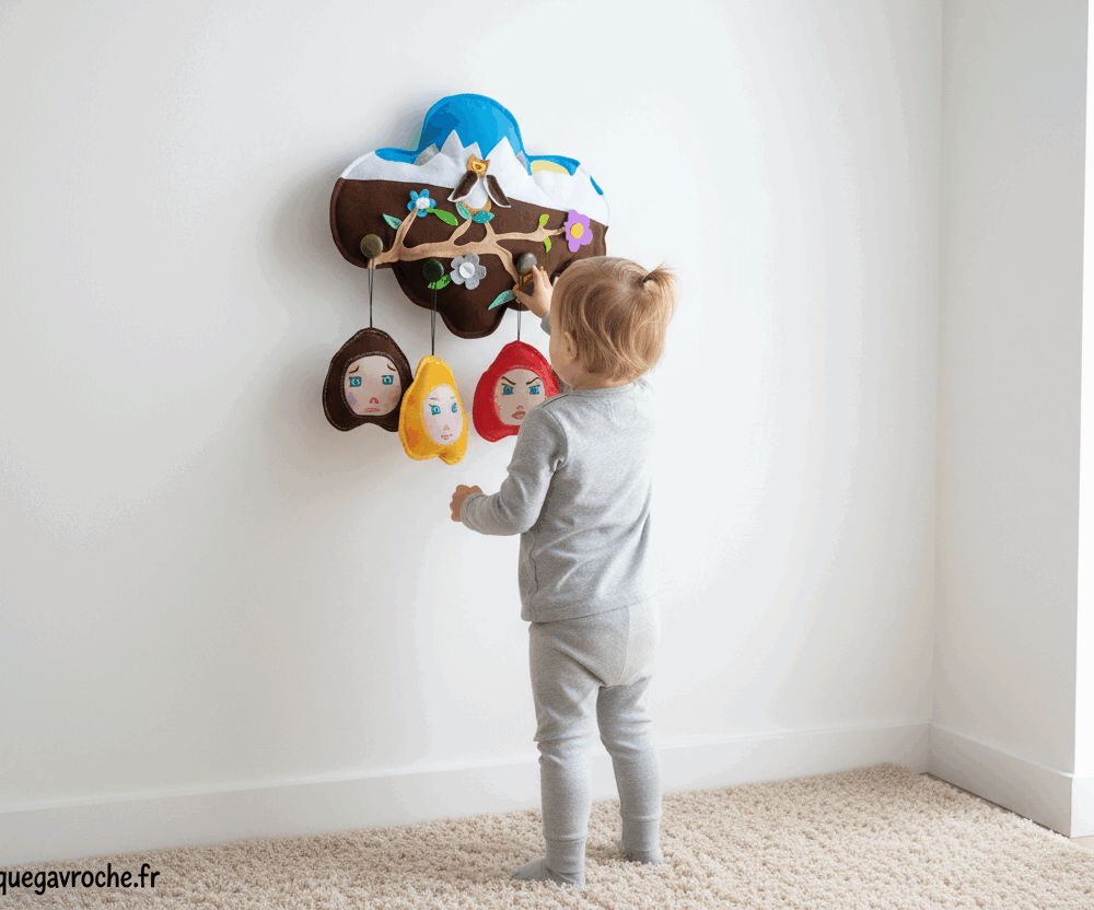Jeu éducatif émotions Montessori nuage artisanal avec 4 visages interchangeables fait main à Brive Boutique Gavroche Label Origine Corrèze.