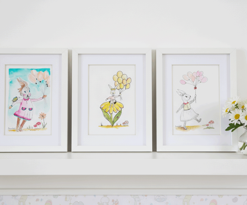 Trio d'Aquarelles Originales "Les Lapines en Fête" (18x13 cm)  – Personnalisable à encadrer