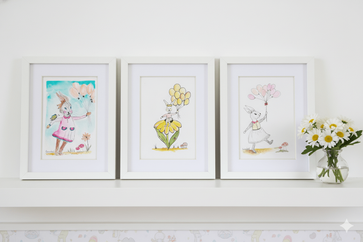Trio d'Aquarelles Originales "Les Lapines en Fête" (18x13 cm) – Personnalisable à encadrer