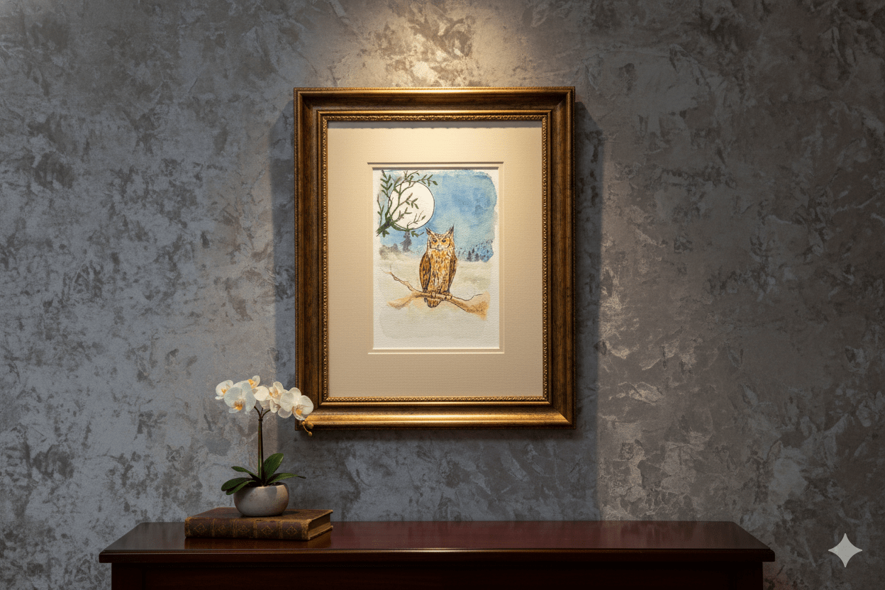 Aquarelle originale – Hibou sous la lune (Offre 2FOR3) – Image 5