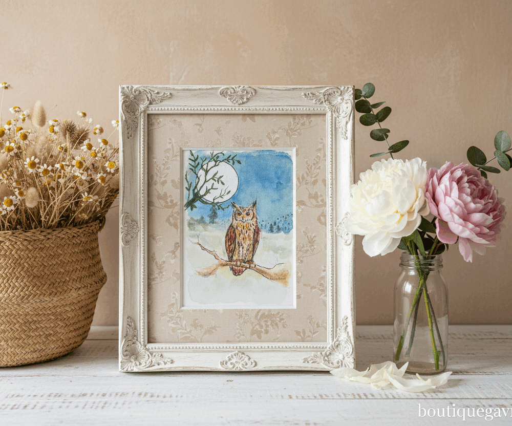 Aquarelle originale – Hibou sous la lune  (Offre 2FOR3)