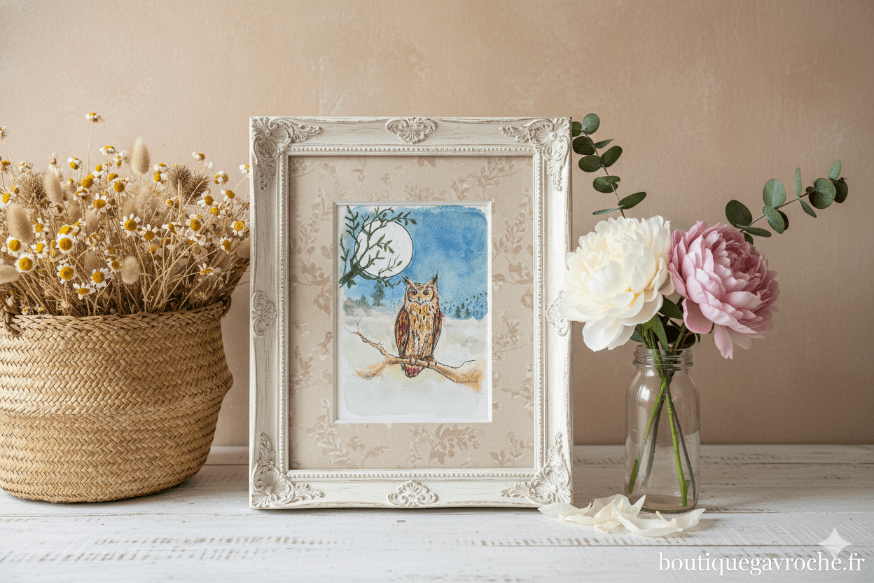 Aquarelle originale – Hibou sous la lune (Offre 2FOR3)