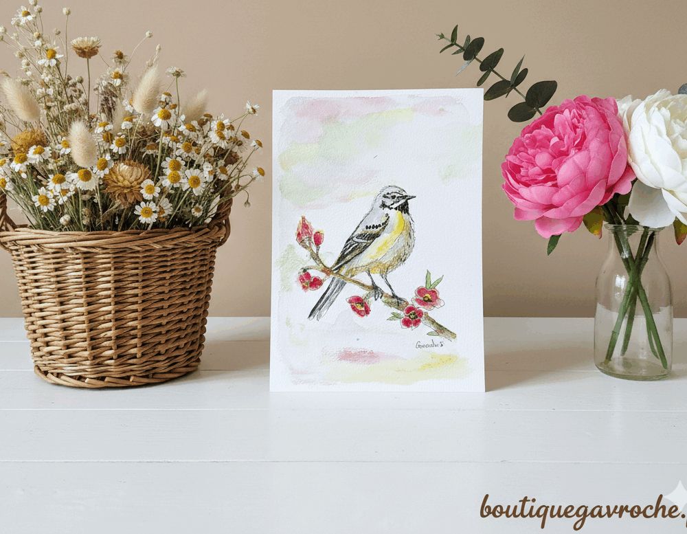 Aquarelle originale Bergeronnette des ruisseaux  (Offre 2FOR3)