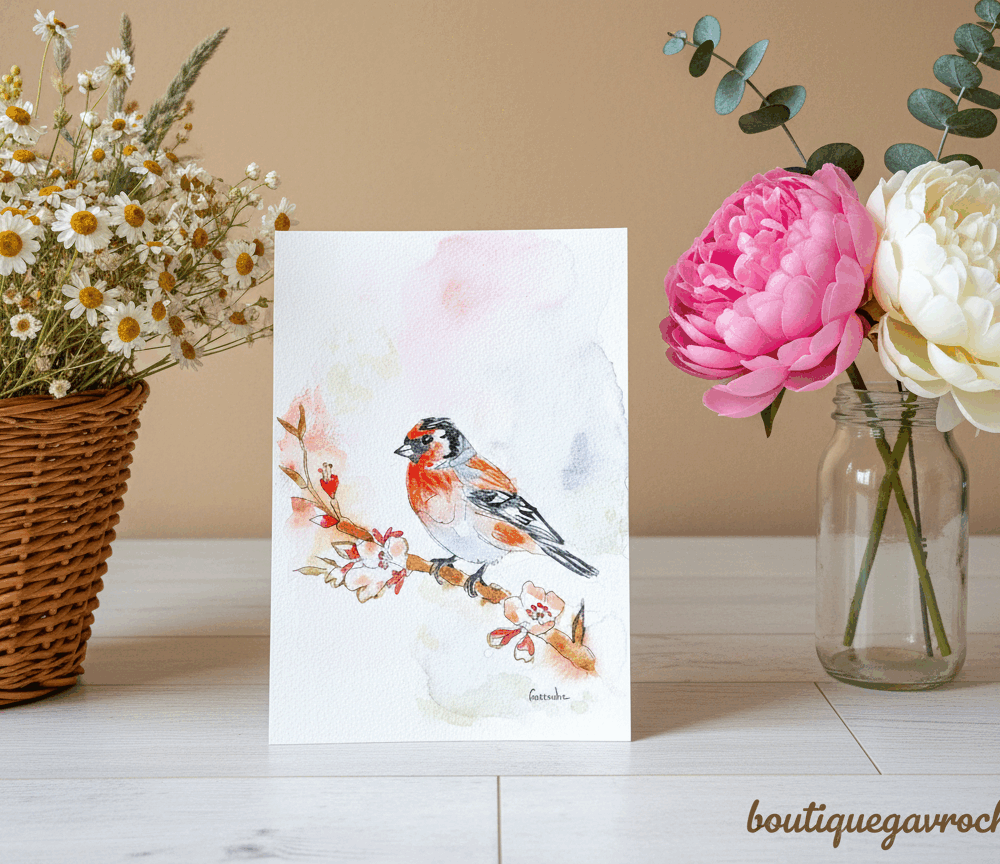 Aquarelle originale Bouvreuil pivoine  (Offre 2FOR3) Commande personnalisée