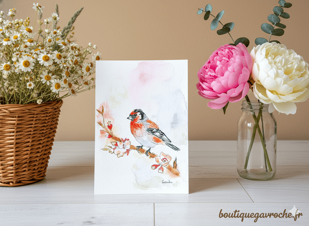 Aquarelle originale Bouvreuil pivoine (Offre 2FOR3) Commande personnalisée