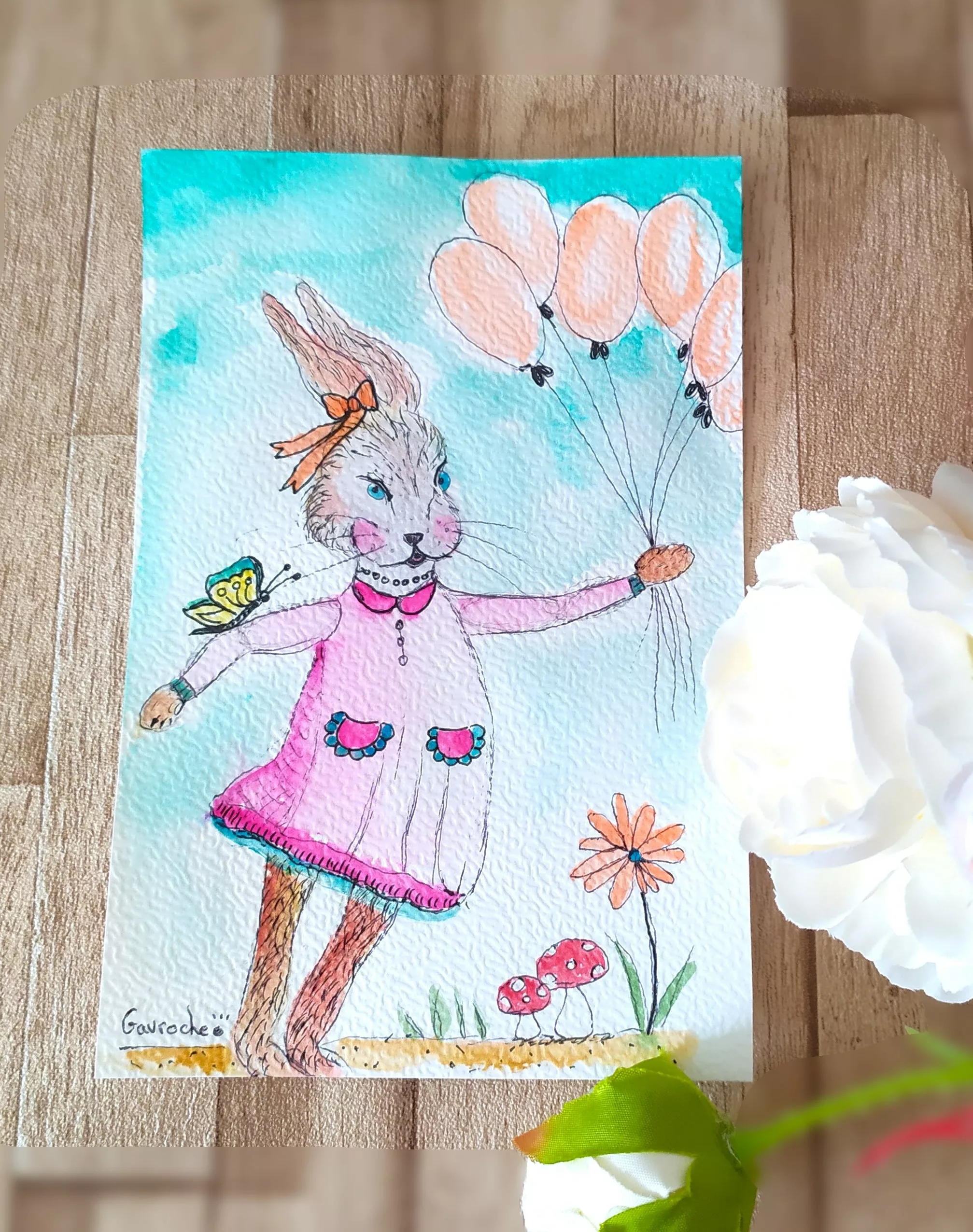Trio d'Aquarelles Originales "Les Lapines en Fête" (18x13 cm) – Personnalisable à encadrer – Image 3