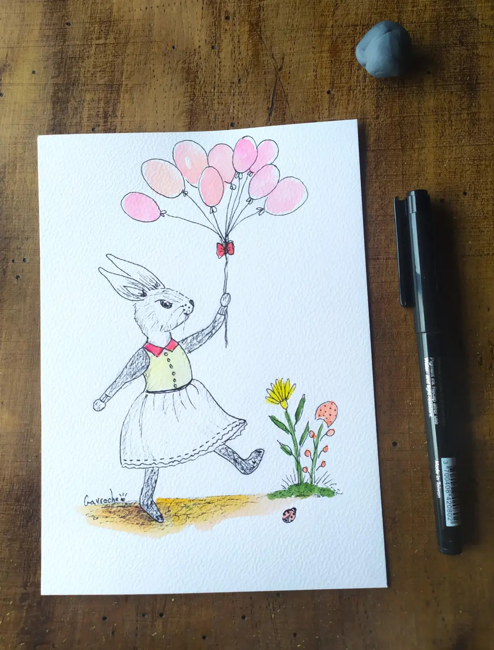 Trio d'Aquarelles Originales "Les Lapines en Fête" (18x13 cm) – Personnalisable à encadrer – Image 2