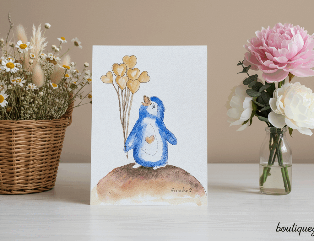 Aquarelle Pingouin aux Ballons