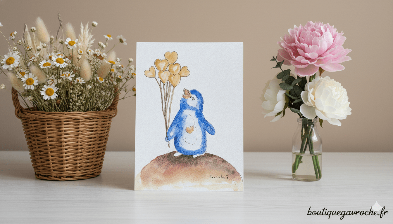 Aquarelle Pingouin aux Ballons