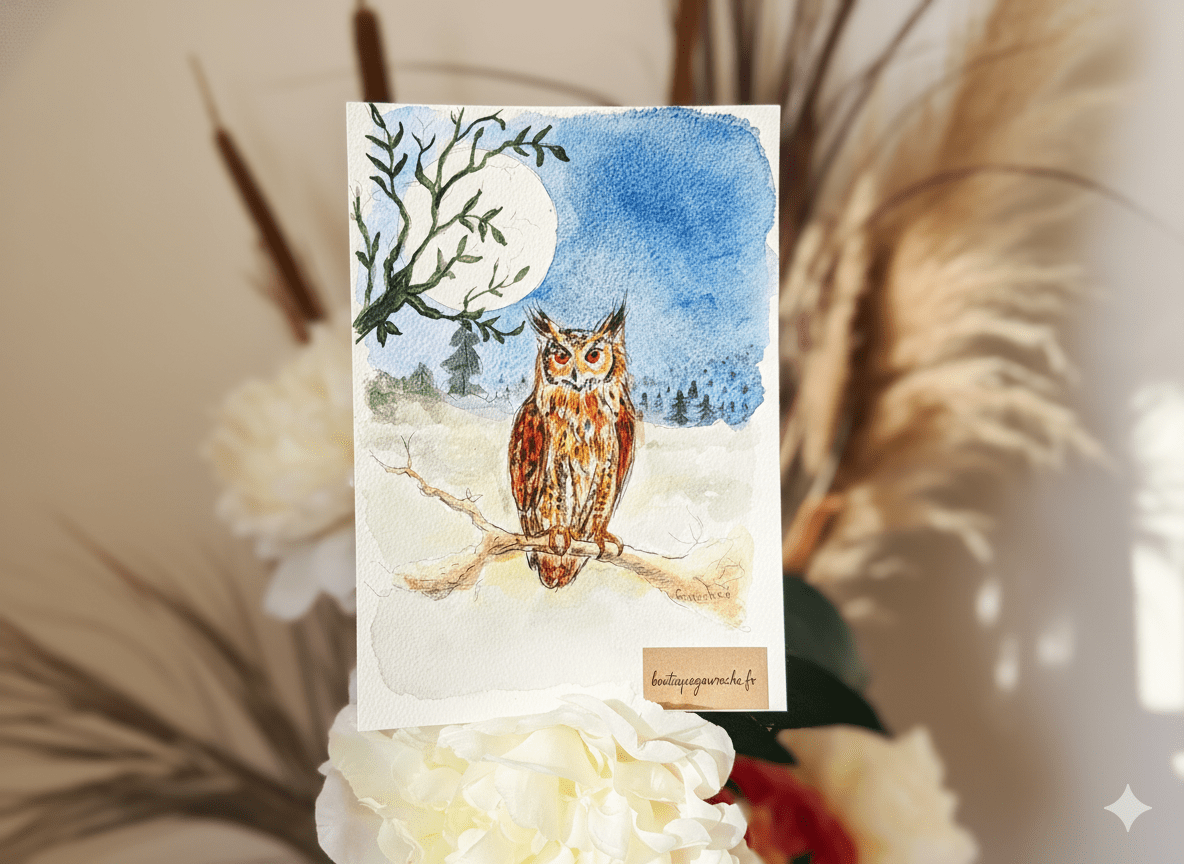 Aquarelle originale – Hibou sous la lune (Offre 2FOR3) – Image 3