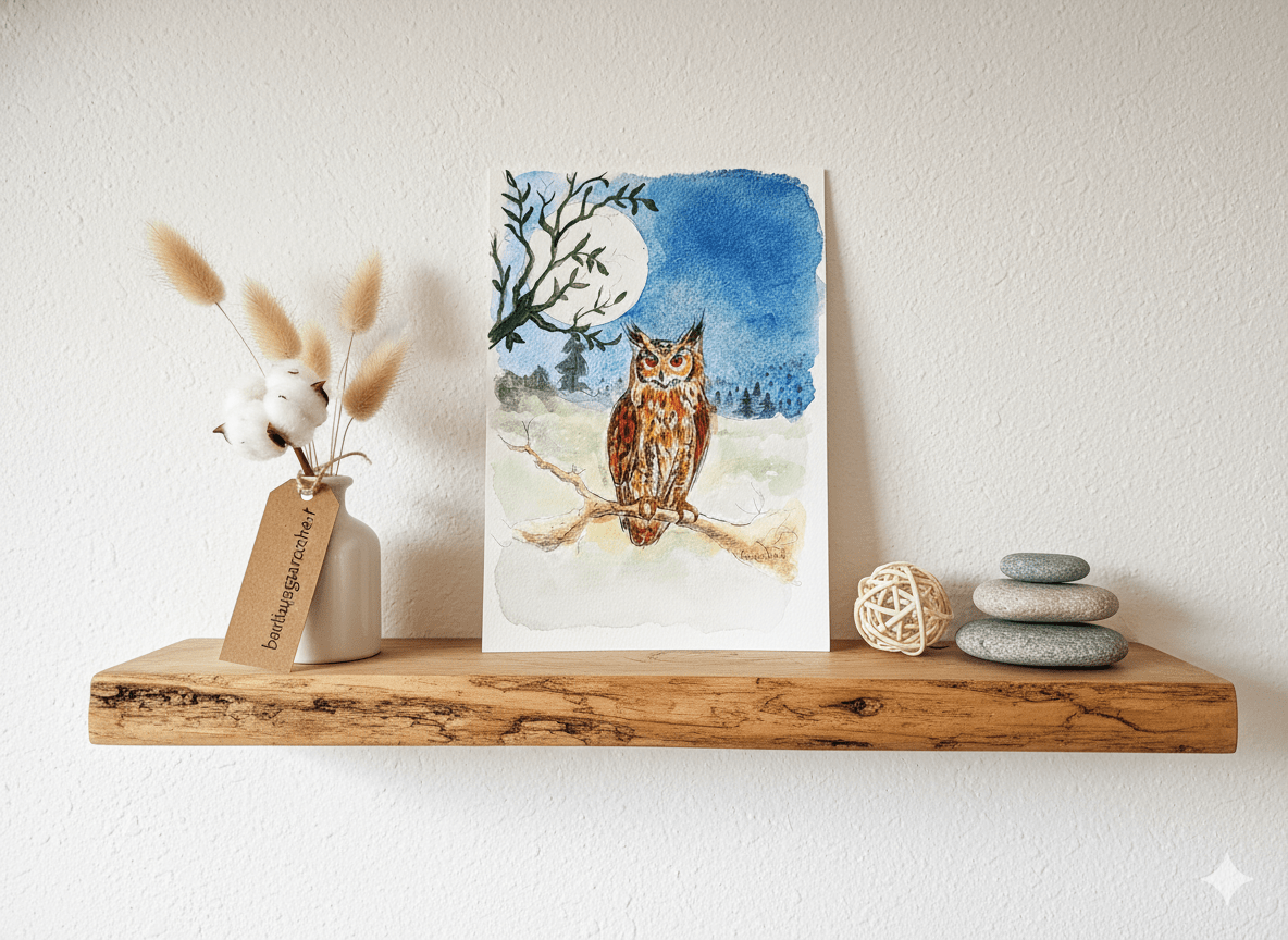 Aquarelle originale – Hibou sous la lune (Offre 2FOR3) – Image 2