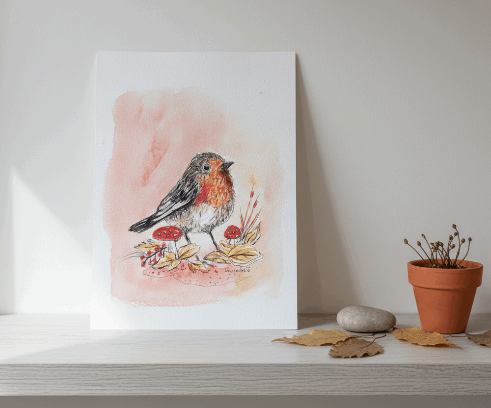 Aquarelle originale Rouge-Gorge (Erithacus rubecula)  (Offre 2FOR3)