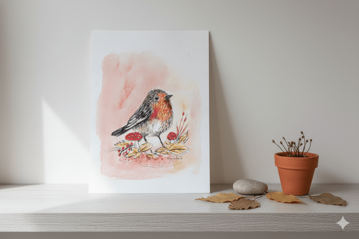 Aquarelle originale Rouge-Gorge (Erithacus rubecula) (Offre 2FOR3)