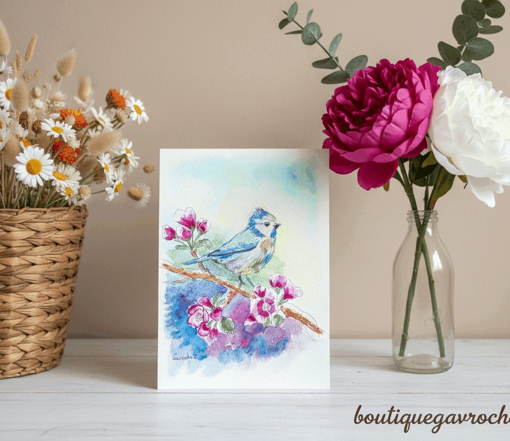 Aquarelle mésange bleue
