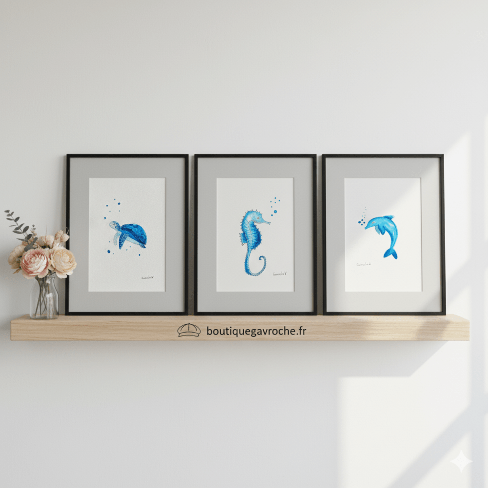 Trio d'Aquarelles Originales "Vie Marine Océan Bleu" Offre incluse 1 gratuite
