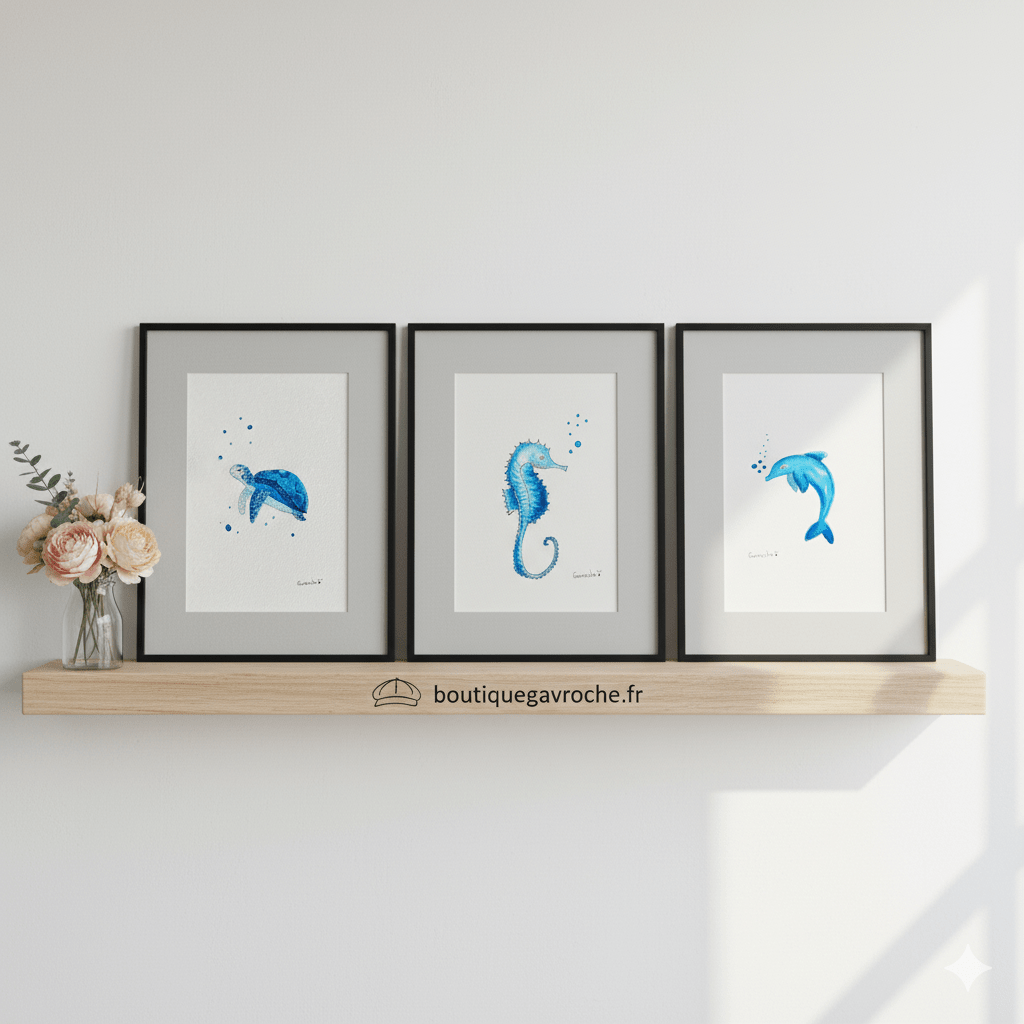 Trio d'Aquarelles Originales "Vie Marine Océan Bleu" Offre incluse 1 gratuite