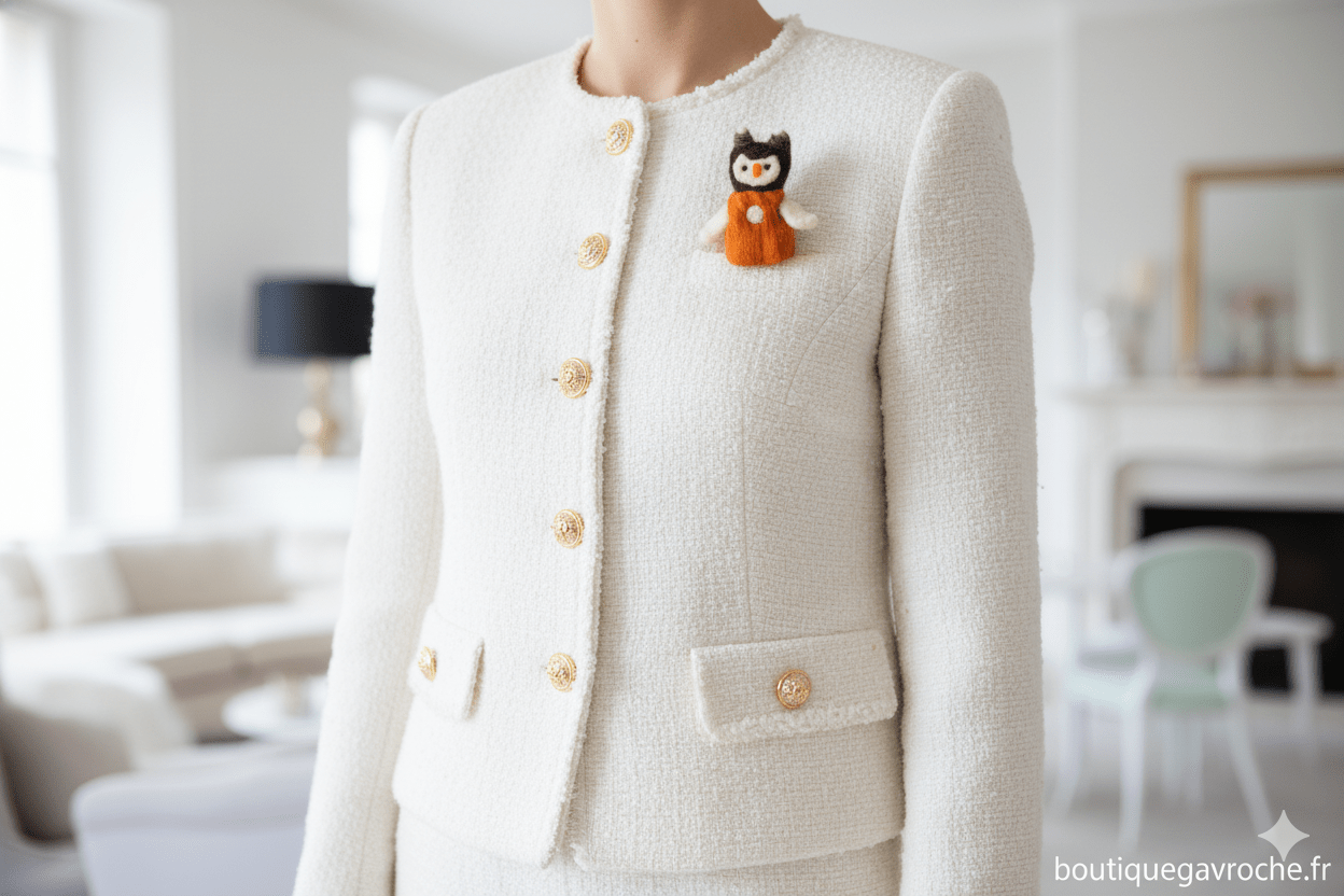 Broche hibou laine feutrée à l'aiguille marron gris roux fait main à Brive Boutique Gavroche Label Origine Corrèze.